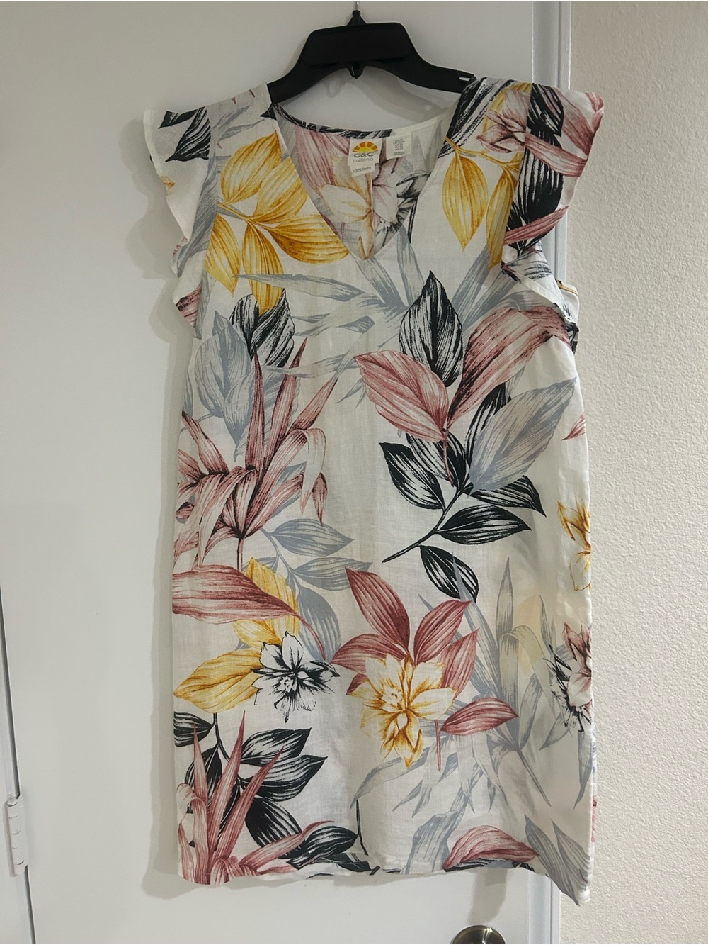 Floral V-Neck Linen Blend Shift Dress in White with Yellow, Pink & Black Leaves